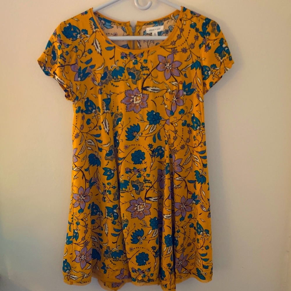 silence + noise Mustard Floral Swing Dress with Blue & Lavender Accents